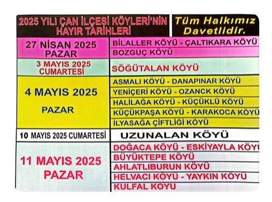 ÇAN KÖY HAYIRLARI LİSTESİ YAYINLANDI