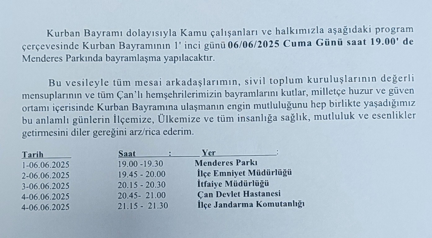 ÇAN’DA RESMİ BAYRAMLAŞMA 6 HAZİRAN CUMA GÜNÜ SAAT: 19.00’DE