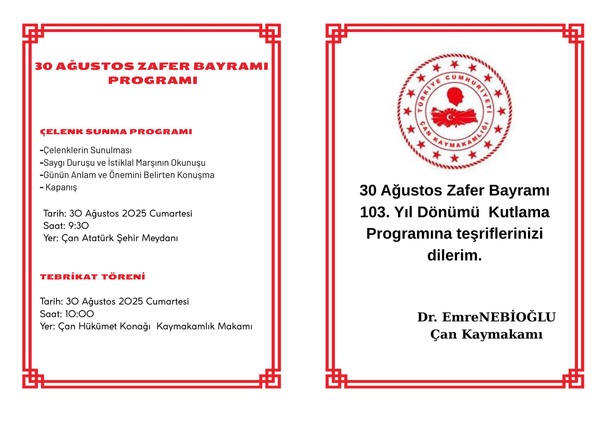 ÇAN’DA 30 AĞUSTOS ZAFER BAYRAMI KUTLAMA PROGRAMI