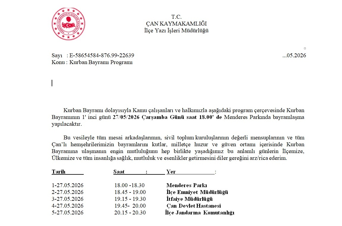 ÇAN’DA KURBAN BAYRAMI RESMİ BAYRAMLAŞMA MERASİMİ 27 MAYIS ÇARŞAMBA GÜNÜ YAPILACAK