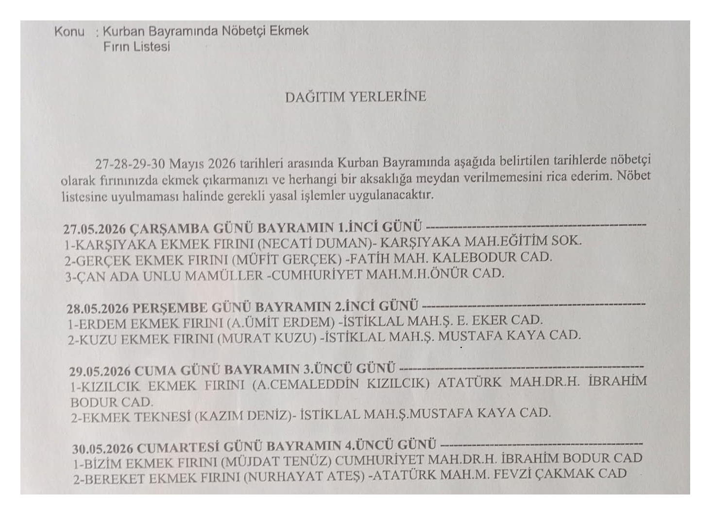 ÇAN’DA KURBAN BAYRAMINDAKİ NÖBETÇİ EKMEK FIRINLARI BELİRLENDİ
